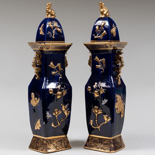 Pair of Continental Cobalt Ground Porcelain Vases and Covers