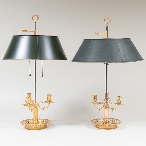 Pair of Louis XVI Style Gilt-Bronze and Tole Bouillotte Lamps