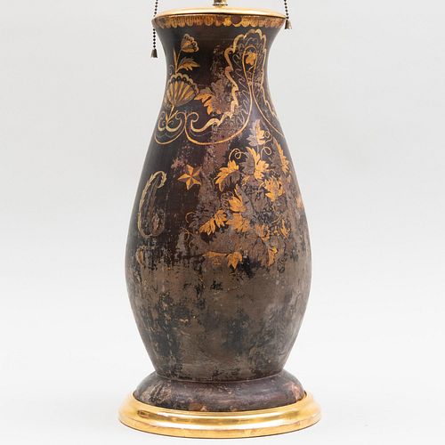 Japanese Style Black Lacquer and Parcel-Gilt Pottery Vase Mounted as a Lamp