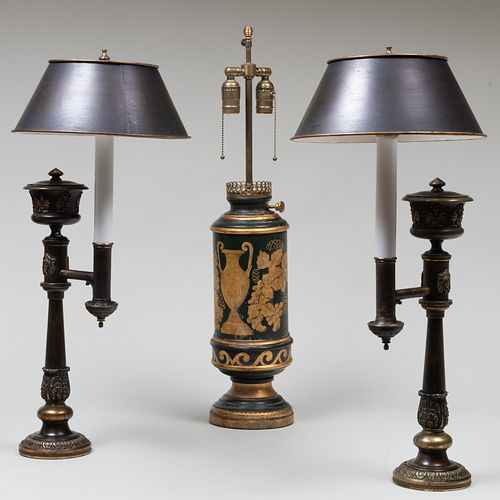 English Black Painted and Parcel-Gilt Tole Lamp and a Similar Pair of Lamps