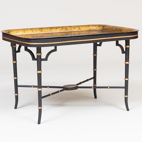 Regency Style Black Painted and Parcel-Gilt Tôle Tray on Later Faux Bamboo Stand