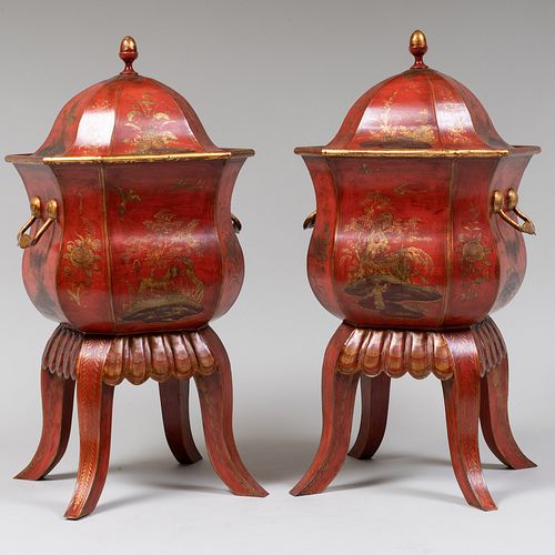 Pair of Contemporary Regency Style Red Painted T√¥le and Parcel-Gilt Urns
