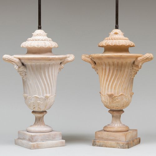 Pair of Large Carved Alabaster Spiral Fluted Urn Form Lamps