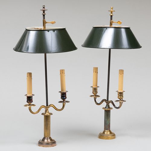 Pair of French Gilt-Metal and Tole Two-Light Bouillotte Lamps