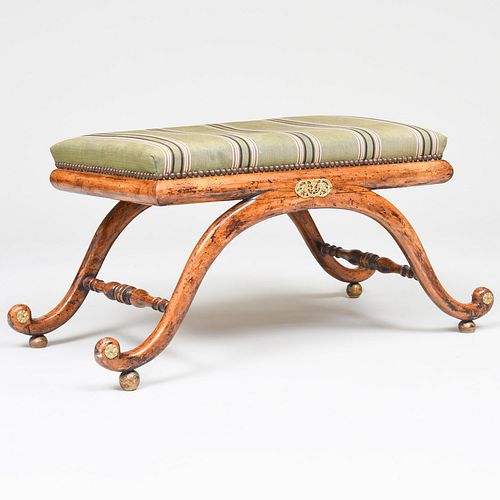 Continental Neoclassical Style Fruitwood Upholstered Curule Stool                                             