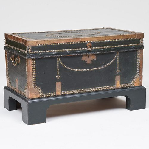 Chinese Export Brass-Mounted Studded Leather Trunk on Later Stand