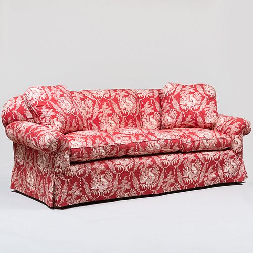 Red and White Toile Upholstered Three-Seat Sofa