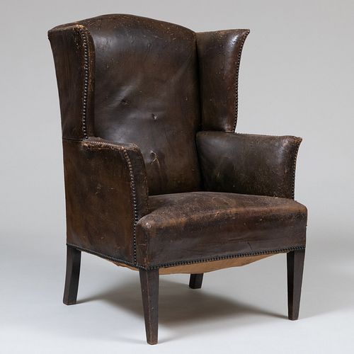 George III Leather Upholstered Wing Chair