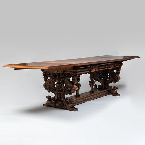 Renaissance Revival Carved Walnut Extending Library Table