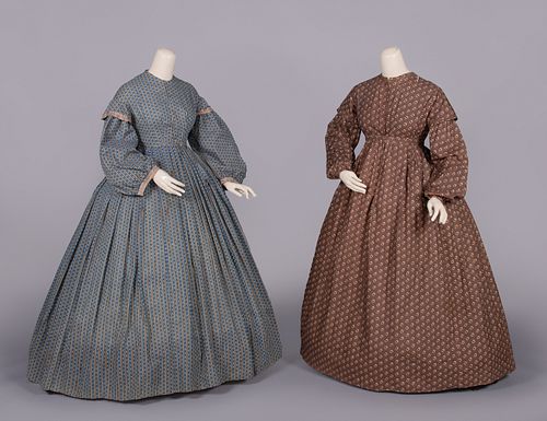 TWO PRINTED COTTON DAY OR HOUSE DRESSES, EARLY 1850s