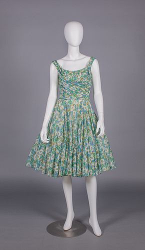 CEIL CHAPMAN FLORAL PRINT PARTY DRESS, USA, MID 1950s