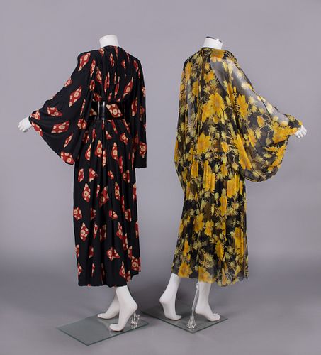 TWO PRINTED CREPE GALANOS PARTY DRESSES, USA, c. 1960 & 1968