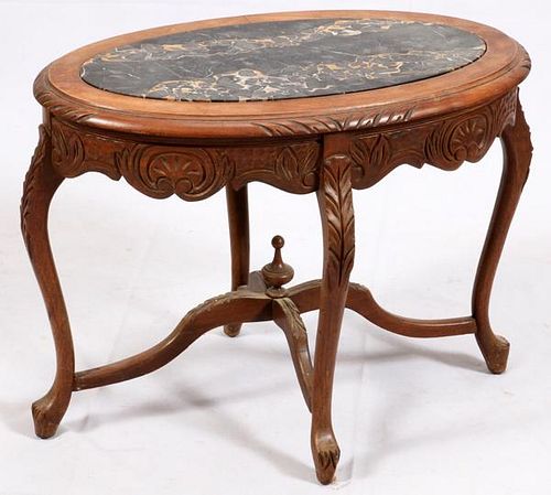 CARVED OAK AND MARBLE TOP SIDE TABLE
