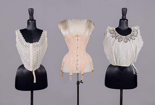 ONE CORSET & TWO CORSET COVERS, EARLY-MID 20TH C