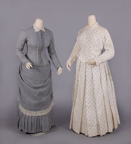 ONE DRAPED BUSTLE DRESS & HUNT MOTIF DAY DRESS, c. 1884