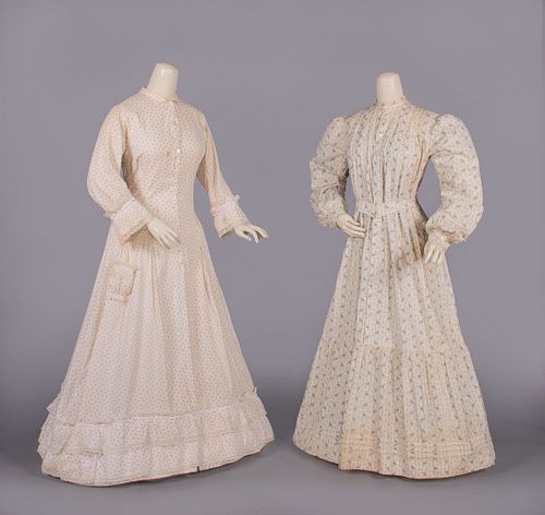 TWO FLORAL SPRIG PRINTED AT-HOME DRESSES, LATE 1880s-1892