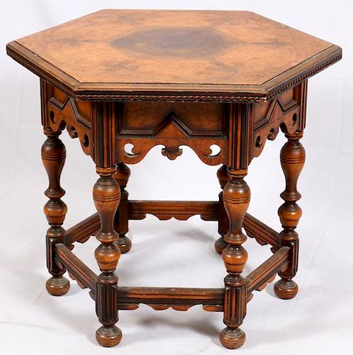 CARVED WALNUT HEXAGONAL PARLOR TABLE