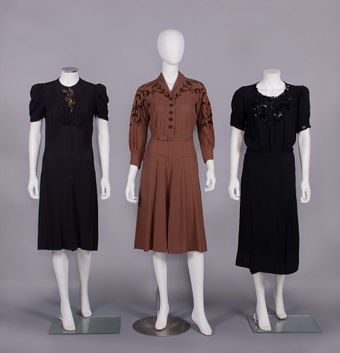 THREE CREPE AFTERNOON DRESSES, EARLY 1940s