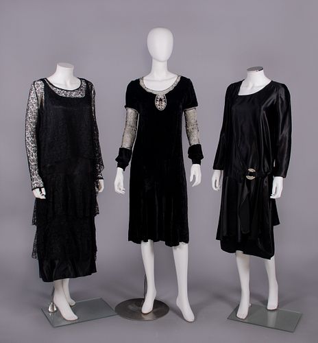 THREE BLACK SILK LACE & SATIN EVENING DRESSES, 1920-1930s