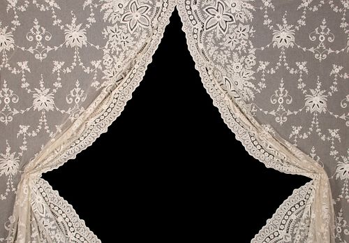 SET OF FOUR EMBROIDERED APPLIQUE CURTAIN PANELS, c. 1900
