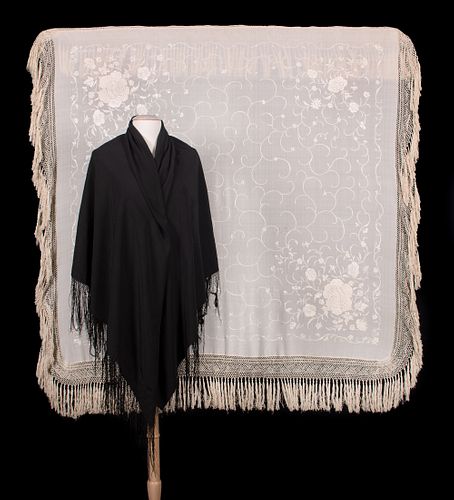 ONE MOURNING & ONE SILK EMBROIDERED SHAWL, 1850s & 1880s