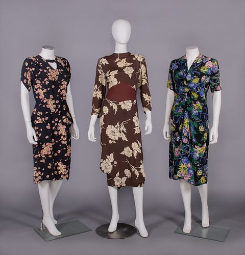 THREE RESIST PRINT RAYON CREPE DAY DRESSES, 1940s