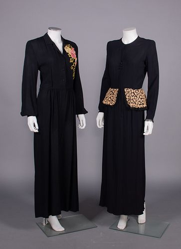 TWO BLACK EMBELLISHED EVENING DRESSES, USA, 1940s