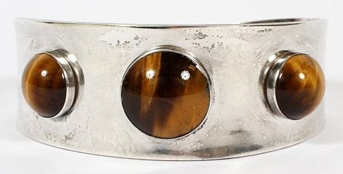ISRAEL STERLING SILVER AND CATS EYE CUFF BRACELET