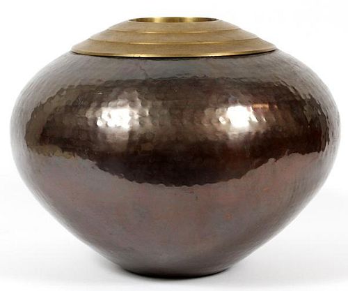 ART DECO HAMMERED COPPER AND BRASS VASE