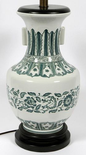 FREDERIN GREEN AND WHITE PORCELAIN LAMP