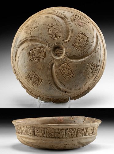 Rare Maya Pottery Bowl Carved Glyphs, ex-Schmitt