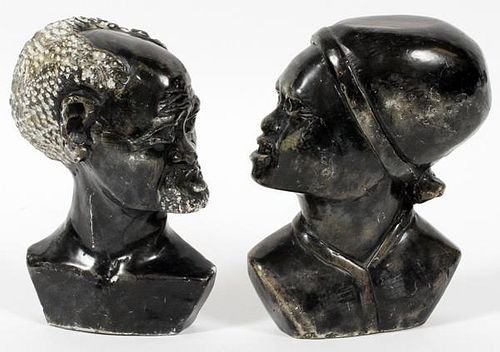 AFRICAN BLACK STONE CARVED BUSTS MAN AND WOMAN