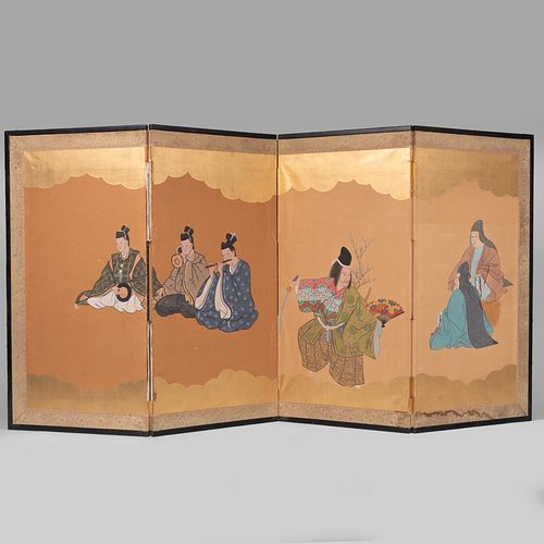 Japanese Four Panel Folding Screen of Kabuki Actors