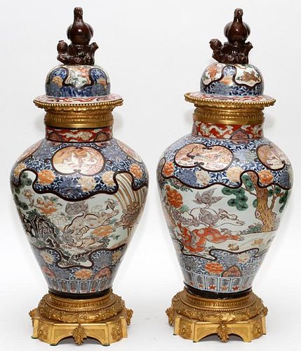 CHINESE PORCELAIN COVERED URNS W/ BRONZE MOUNTS