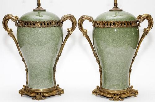 CHINESE GLAZED CELADON URNS MOUNTED AS LAMPS