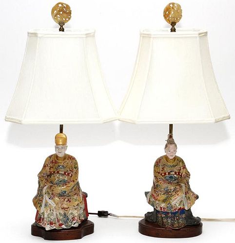 CHINESE POLYCHROME FIGURES MOUNTED AS LAMPS PAIR