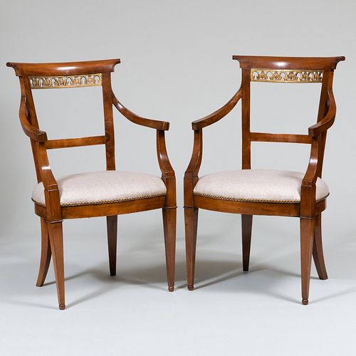 Pair of Italian Neoclassical Style Fruitwood and Parcel-Gilt Armchairs