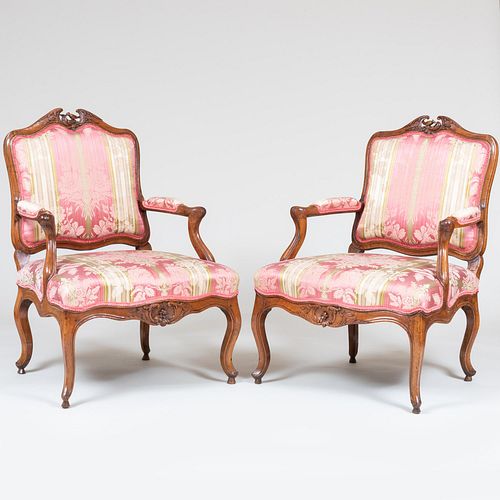 Pair of Louis XV Style Carved Walnut Upholstered Fauteuils a la Reine