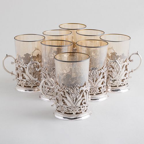Set of Eight Persian Silver Tea Glass Holders 