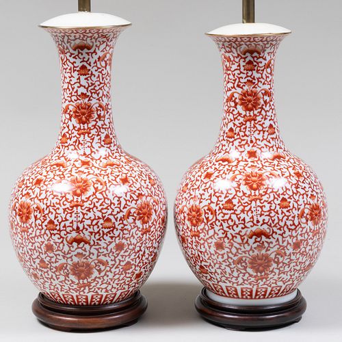Pair of Chinese Iron Red Decorated Bottle Vases Mounted as Lamps