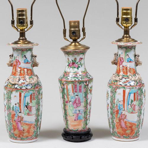 Three Canton Famille Rose Vases Mounted as Lamps