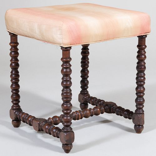 Dutch Baroque Style Turned Stained Wood Upholstered Stool 