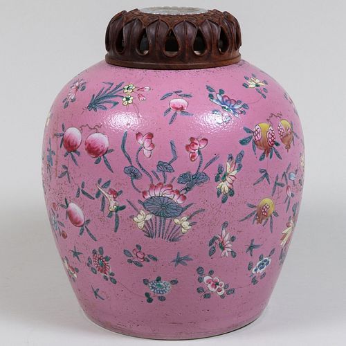 Chinese Pink Ground Ginger Jar with a Jade Inset Carved Wood Cover