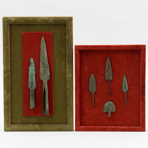 Group of Six Luristan Bronze Spears and Arrow Heads, now Framed.