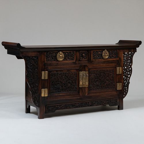 Chinese Brass-Mounted Carved Hardwood Cabinet