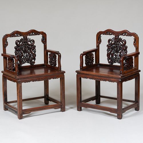 Pair of Chinese Carved Hardwood Armchairs