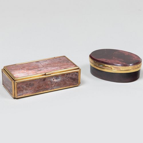 Mexican Brass Mounted Chalcedony Box and a Gilt-Metal Mounted Hardstone Box