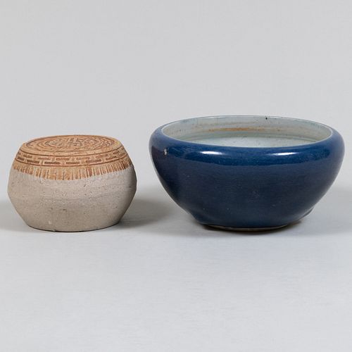 Chinese Blue Glazed Porcelain Bowl and a Pottery Vessel