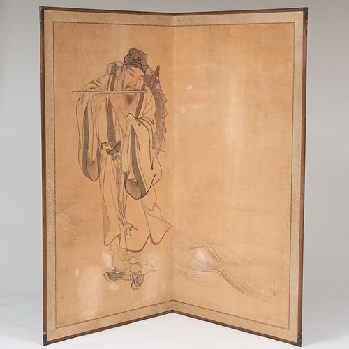 Japanese Two Panel Screen with Buddhist Samurai Monk