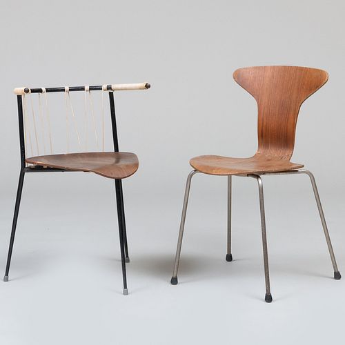 Arne Jacobson for Fritz Hansen Walnut '3105 Mosquito' Chair, together with A Danish Plywood, Metal and Plastic String Chair